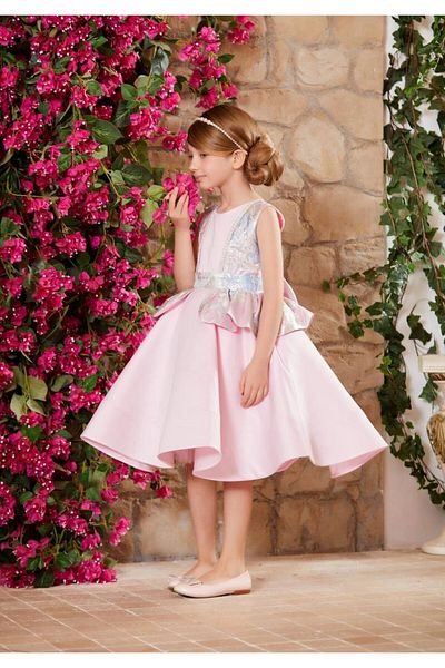 PİXİNADELUXE Pink Jacquard Fabric Detailed Girl's Evening Dress with Bow and Crown Accessories