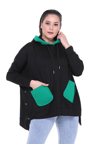 Ebsumu Women's Plus Size Extra Comfortable Fit Green Pocket Detailed Black Sweatshirt