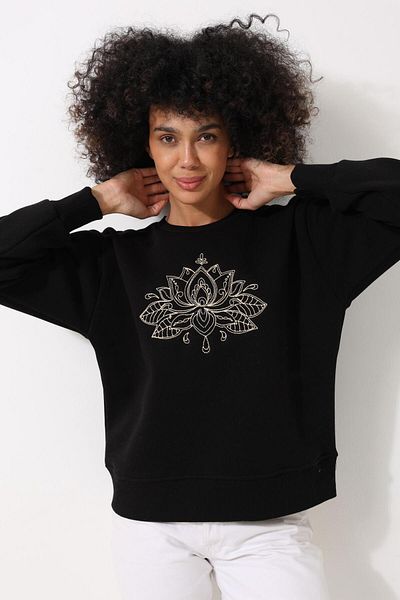 AMİDA Lotus Flower Embroidered Black Oversize Women's Sweatshirt - Crew Neck - 2447