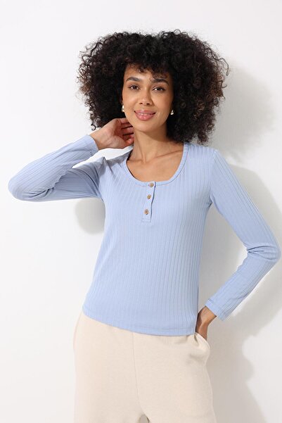 AMİDA Γυναικεία μπλούζα με μακρυμάνικο λαιμόκοψη με λεπτομέρεια με ραβδώσεις - 2443