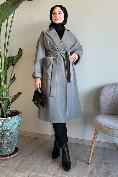 InStyle Double Breasted Wide Sleeve Gray Stamp Coat