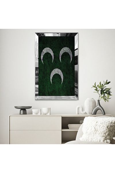 Zevahir Mobilya Dekorasyon Pictură MDF unică cu desen abstract de lună crescentă verde alb cu cadru din plexiglas cu oglindă argintie