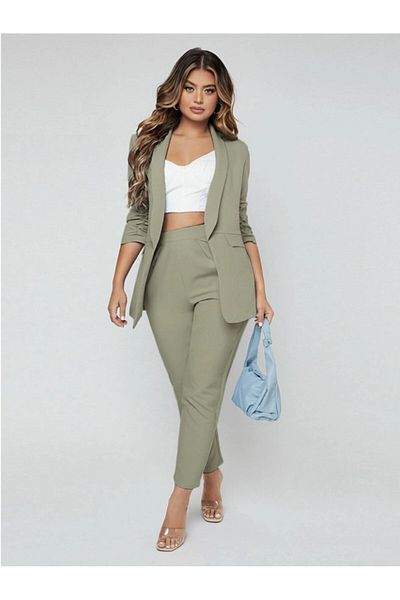 Female Clothing Mint Colored - Unlined Rubber Sleeve Blazer Jacket and Pipe Leg Pants Set