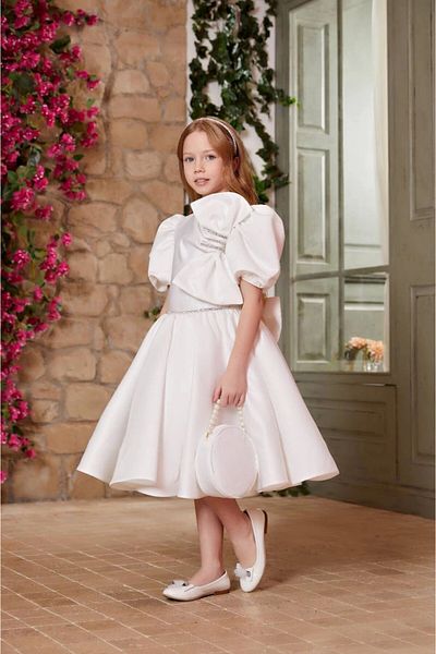 PİXİNADELUXE White Collar Detailed Girl's Evening Dress with Bow Back Bag and Crown Accessories