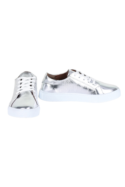 NOOSY Glass Broken Patterned Metallic Silver Genuine Leather Women's Sneakers