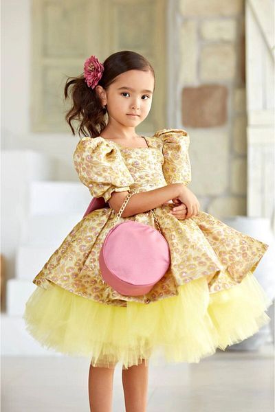 PİXİNADELUXE Yellow Jacquard Fabric Girl's Evening Dress with Bow and Back Window