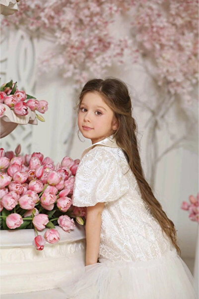 PİXİNADELUXE Yaka Taşlı Düğme Detaylı Payetli Güpürlü Çocuk Elbise