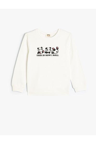 Koton Teddy Bear Printed Cotton Sweatshirt - Long Sleeve, Crew Neck Raised