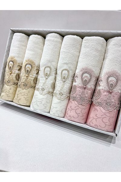 AYHANHOME Set de 6 prosoape de mână cu perle brodate 50x90