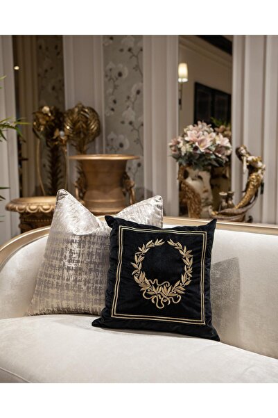 ref crea Kraliyet Nakışlı Kırlent Kılıfı Siyah - Gold