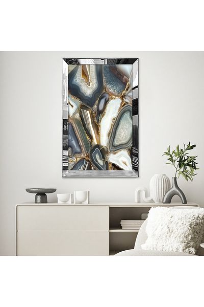 Zevahir Mobilya Dekorasyon Pictură MDF unică cu model de marmură alb-negru modern, cu cadru din plexiglas cu oglindă argintie