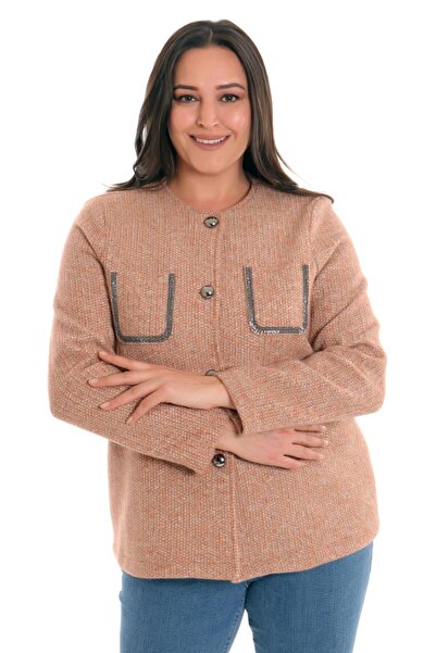 Metpoint Trend42plus Büyük Beden Cebi Taş Baskılı Camel Ceket