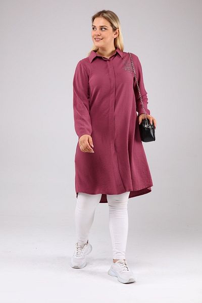 Ferace Women's Plus Leaf Printed Large Size Hijab Shirt Dried Rose