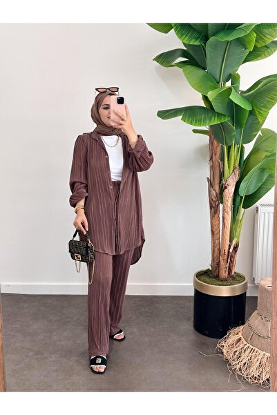 ASEL FASHİON Σετ Σατέν Πλισέ Πουκάμισο - Κακάο