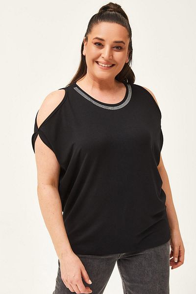 Ebsumu Women's Large Size Collar Stone Detailed Shoulder Low-cut Black Blouse