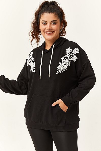 Ebsumu Women's Plus Size Ribbed Knitted Lace Detailed Black Sweatshirt