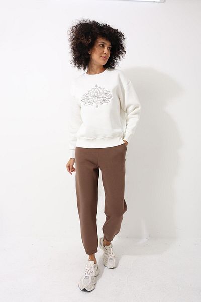 AMİDA Lotus Flower Embroidered Ecru Oversize Women's Sweatshirt - Crew Neck - 2447
