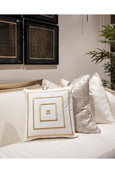 ref crea Square Model Embroidered Throw Pillow Cover Ecru-Gold