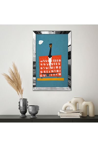 Zevahir Mobilya Dekorasyon Pictură modernă, roșu, negru, albastru, desen abstract, unică, MDF, cu cadru din plexiglas cu oglindă argintie
