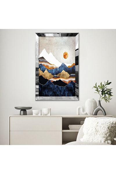 Zevahir Mobilya Dekorasyon Pictură MDF unică cu cadru din plexiglas cu oglindă argintie, vedere la munte, maro, albastru, alb, desen abstract