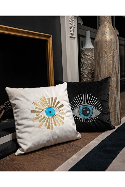ref crea Ecru Gold Eye Embroidered Throw Pillow Cover