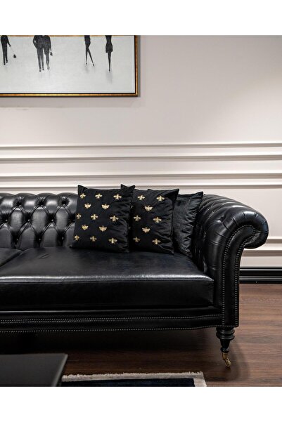 ref crea Arı Nakışlı Kırlent Kılıfı Siyah-gold