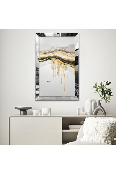 Zevahir Mobilya Dekorasyon Tablou unic din MDF cu cadru din plexiglas cu oglindă argintie, modern, peisaj, alb, bej, galben auriu, desen abstract