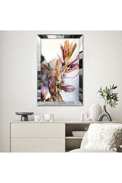 Zevahir Mobilya Dekorasyon Pictură unică MDF cu cadru din plexiglas cu oglindă argintie, minimalist, roz, portocaliu, model de flori, desen abstract