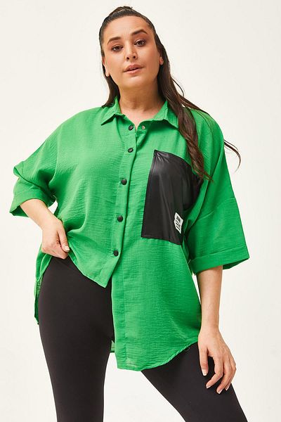 Ebsumu Cămașă largi, verde, cu design asimetric, mărime mare pentru femei