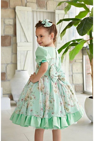 PİXİNADELUXE Green Flower Patterned Balloon Sleeve Girl's Evening Dress
