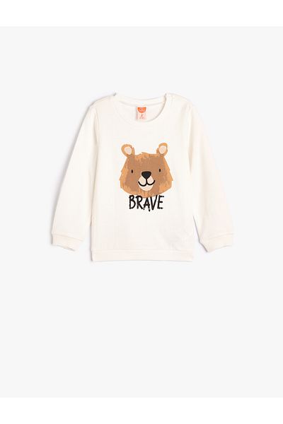 Koton Teddy Bear Printed Cotton Long Sleeve Sweatshirt - Crew Neck Raised