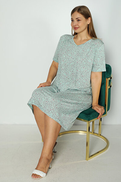 İntensive Women's Floral Print Short-Sleeved Large Size Lycra Nightgown