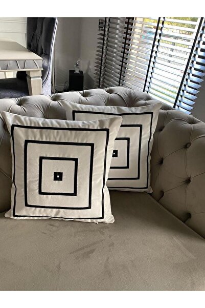 ref crea Square Model Embroidered Throw Pillow Cover - Ecru Black