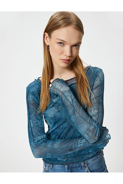 Koton Transparent Printed Long Sleeve Boat Neck T-Shirt