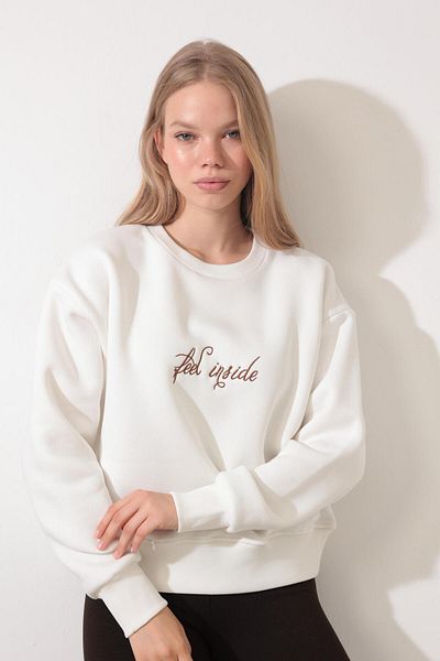 AMİDA Crew Neck Embroidered Ecru Sweatshirt - 2436