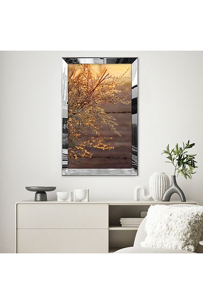 Zevahir Mobilya Dekorasyon Masa MDF unică cu desen minimalist cu frunze aurii moderne, cu cadru din plexiglas cu oglindă argintie