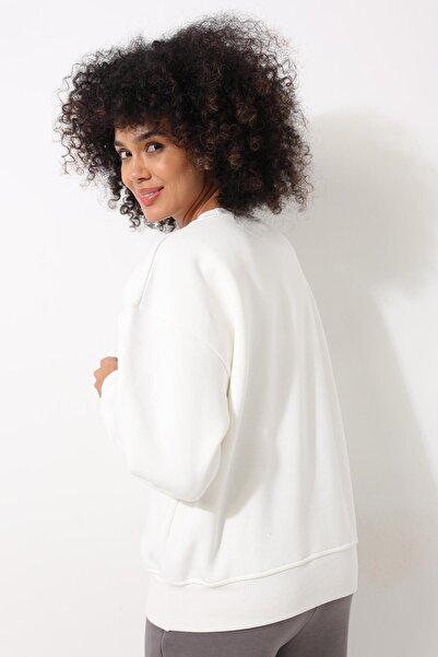 AMİDA Дамски суитшърт с екрю рамо, лазерно изрязани цветя, бродерия, детайлно кръгло деколте, голям размер - 2448