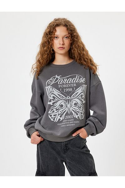 Koton Butterfly Printed Oversize Sweatshirt - Crew Neck Raised