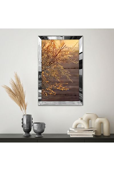 Zevahir Mobilya Dekorasyon Masa MDF unică cu desen minimalist cu frunze aurii moderne, cu cadru din plexiglas cu oglindă argintie