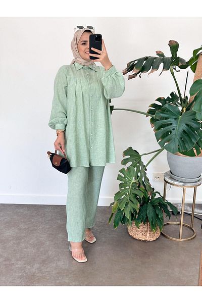 ASEL FASHİON Mint Green 100% Cotton Linen Robe Set