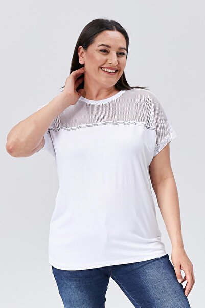 Ebsumu Λευκή Μπλούζα Plus Size - Διχτυωτή Λεπτομέρεια