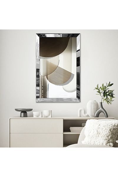 Zevahir Mobilya Dekorasyon Model neutru cu cadru din plexiglas cu oglindă argintie, gri bej, în formă geometrică, desen abstract, pictură unică MDF