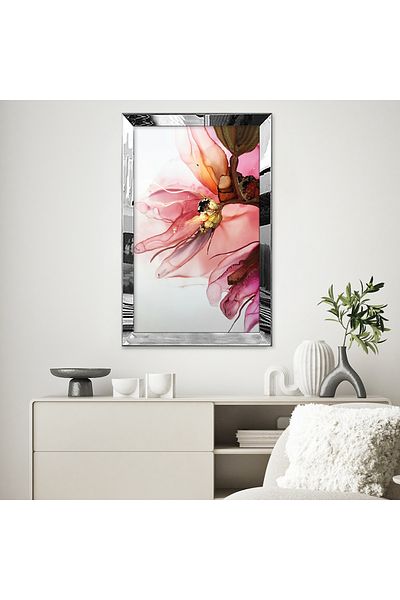 Zevahir Mobilya Dekorasyon Rama din plexiglas cu oglinda argintie, modern, roz, model de flori rosii, desen abstract, pictura MDF unică