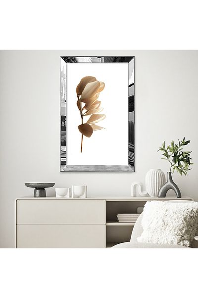 Zevahir Mobilya Dekorasyon Colaj cu cadru din plexiglas cu oglindă argintie, model de frunze galbene aurii, desen, pictură unică MDF
