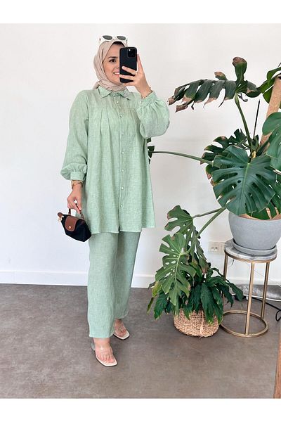 ASEL FASHİON Mint Green 100% Cotton Linen Robe Set