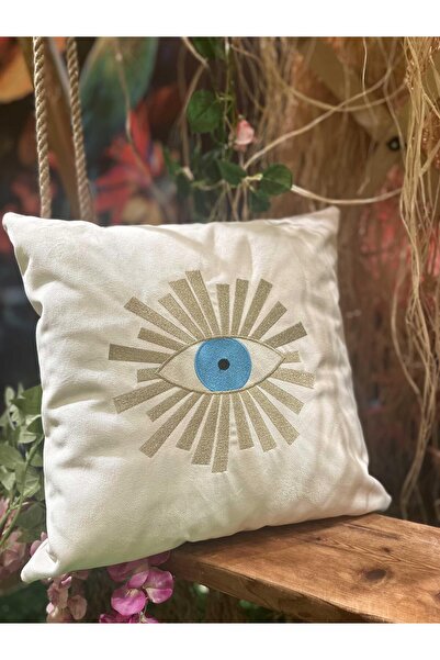 ref crea Ecru Gold Eye Embroidered Throw Pillow Cover