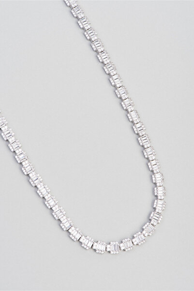 So CHIC... Baget Taşlı 18 Ayar Beyaz Altın Kaplama 42 Cm Gümüş Gerdanlık