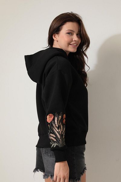 AMİDA Başak Embroidered Black Hooded Sweatshirt - 2428
