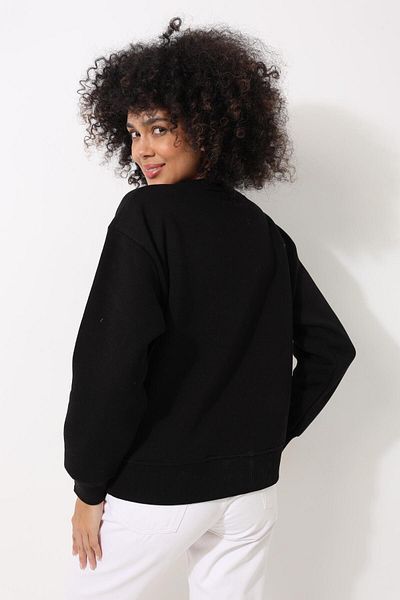 AMİDA Lotus Flower Embroidered Black Oversize Women's Sweatshirt - Crew Neck - 2447