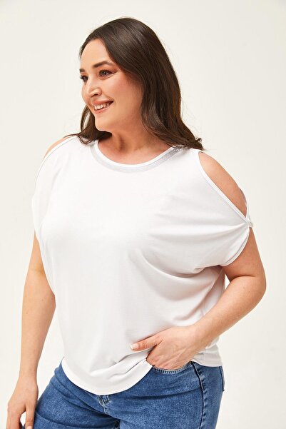 Ebsumu Γυναικεία λευκή μπλούζα μεγάλου μεγέθους με πέτρινη λεπτομέρεια στον ώμο